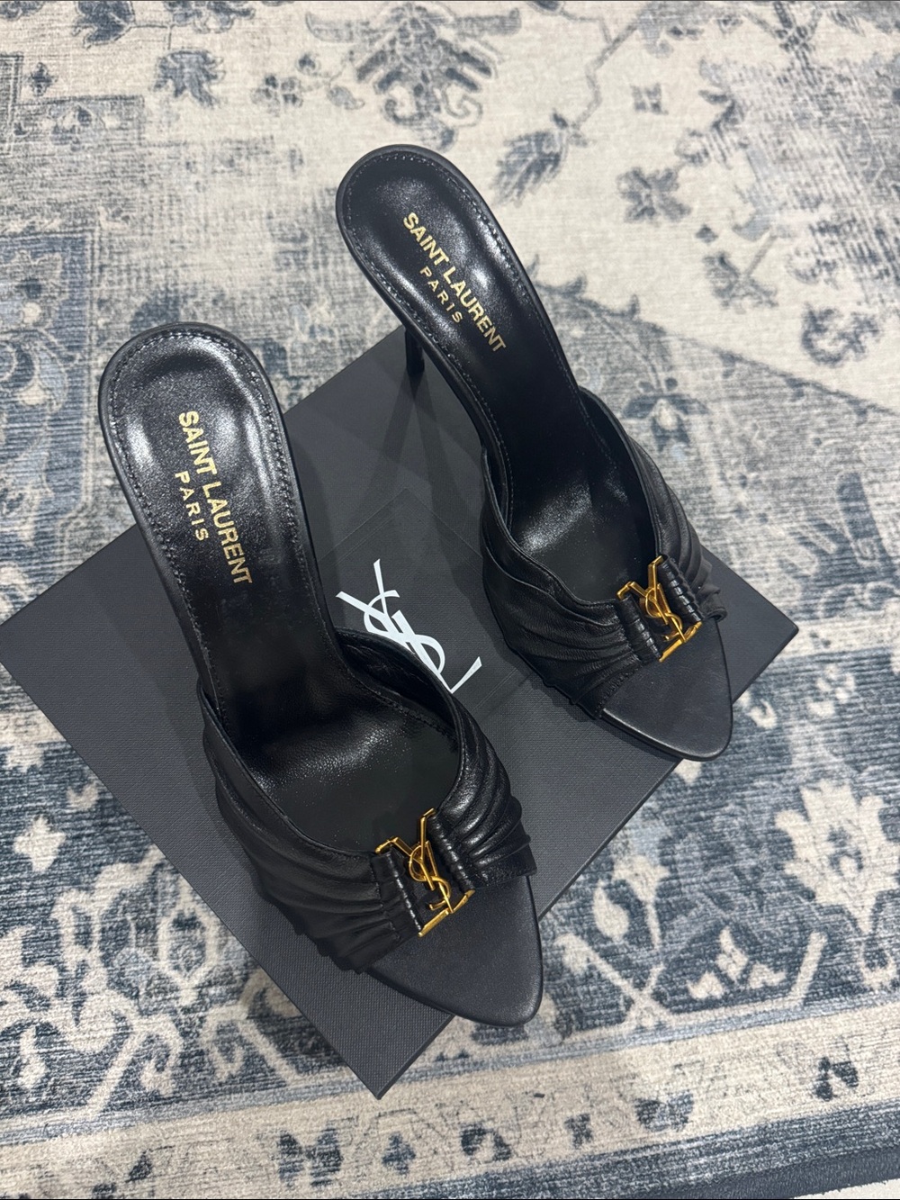 Saint Laurent Black Leather Slide Heels with Gold Logo Accent